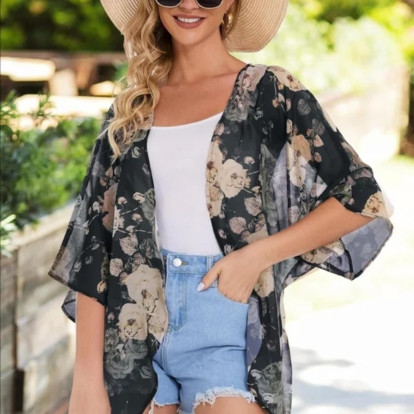 Floral Print Puff Sleeve Kimono Cardigan Loose Casual Blouse Large - Picture 5 of 6